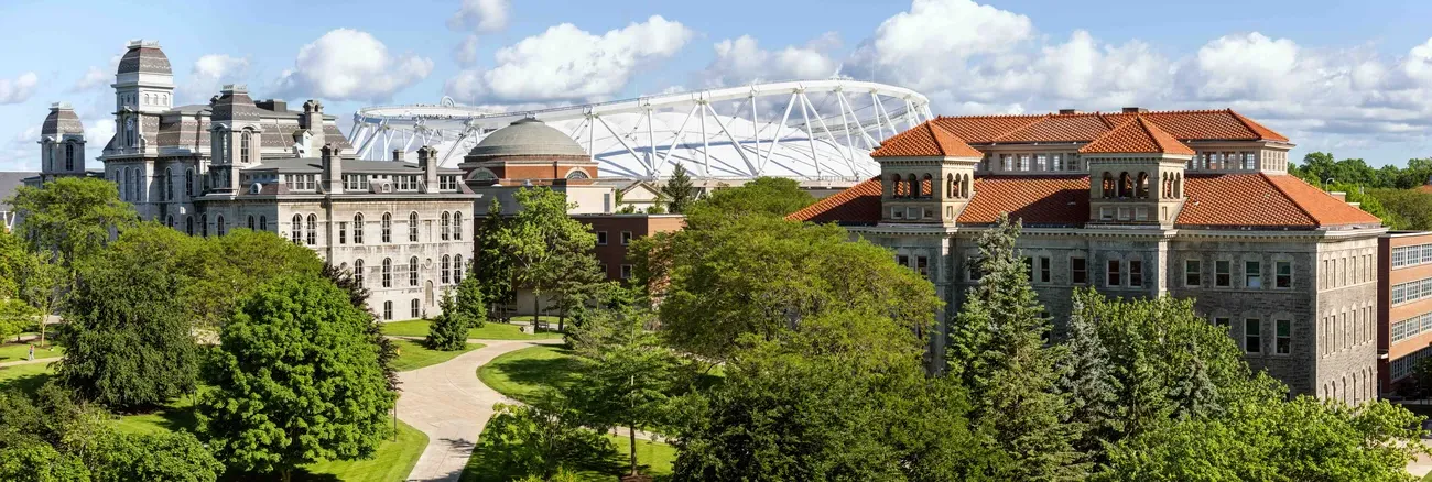 Skyline of campus on a summer day.